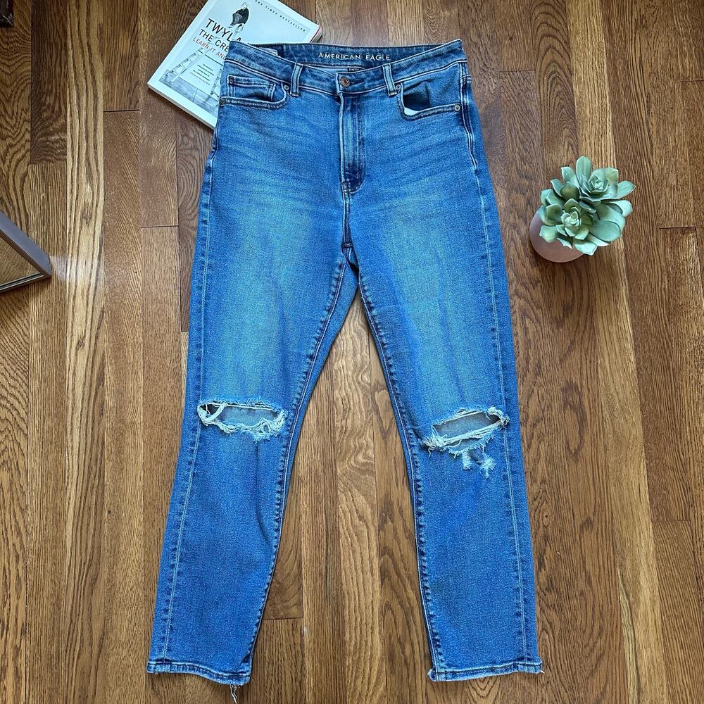 American Eagle Distressed Stretch Medium Wash Mom Jeans